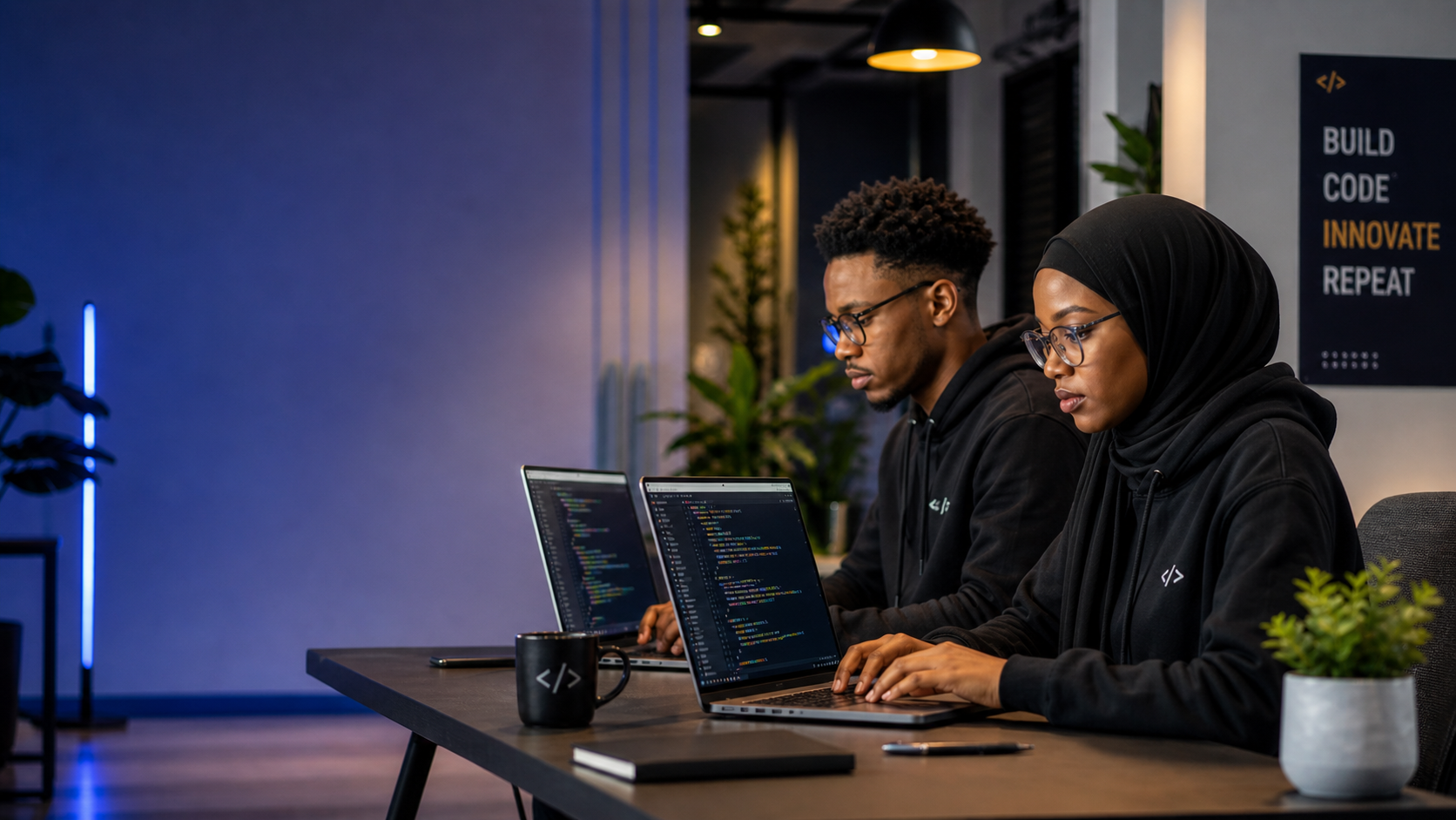 Deux étudiants en train de coder sur leurs ordinateurs portables